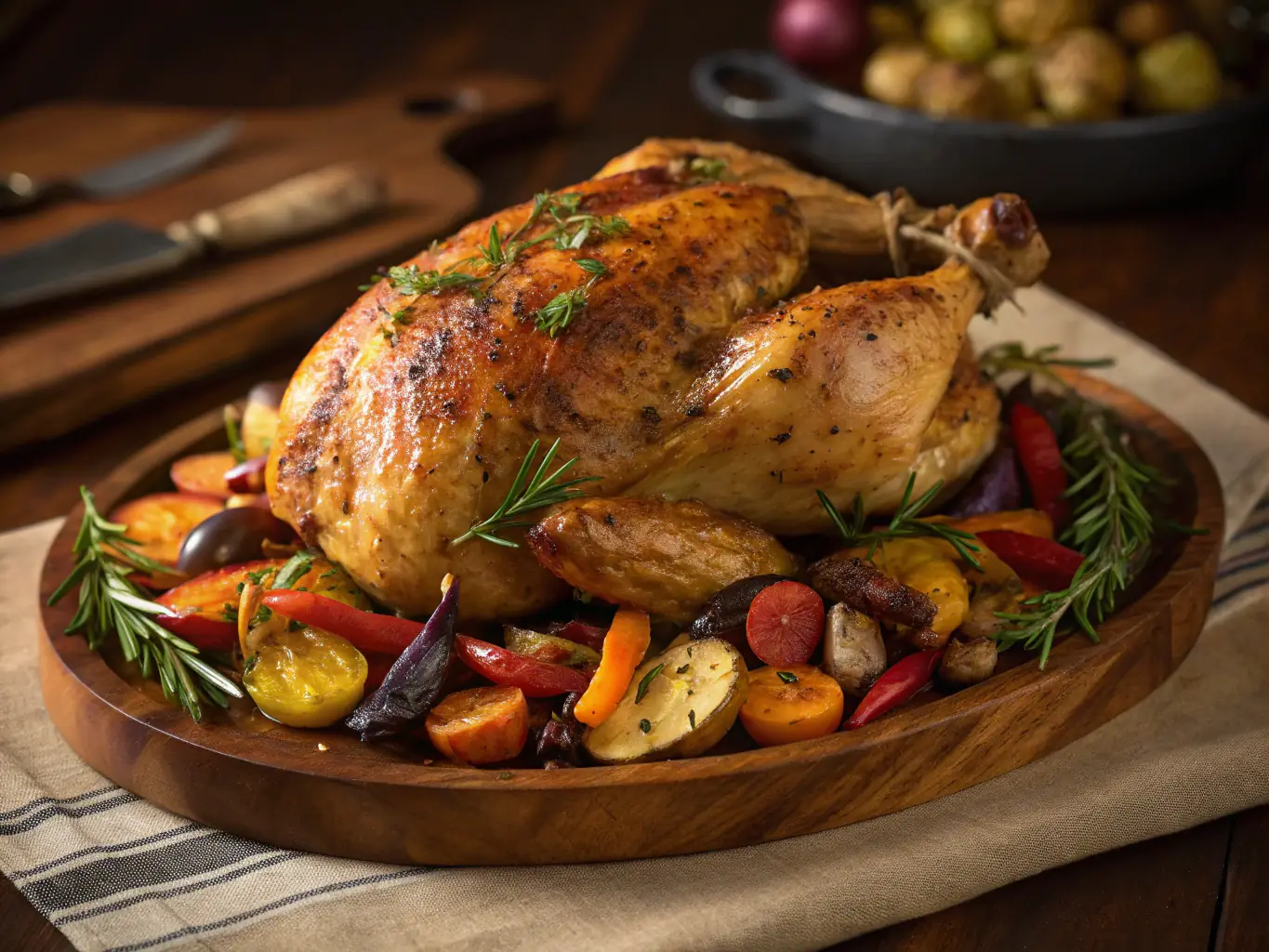 A close-up shot of a golden-brown, crispy-skinned roast chicken, garnished with rosemary and thyme, presented on a white ceramic platter. The image is warm and inviting, highlighting the textures and colors of the dish.