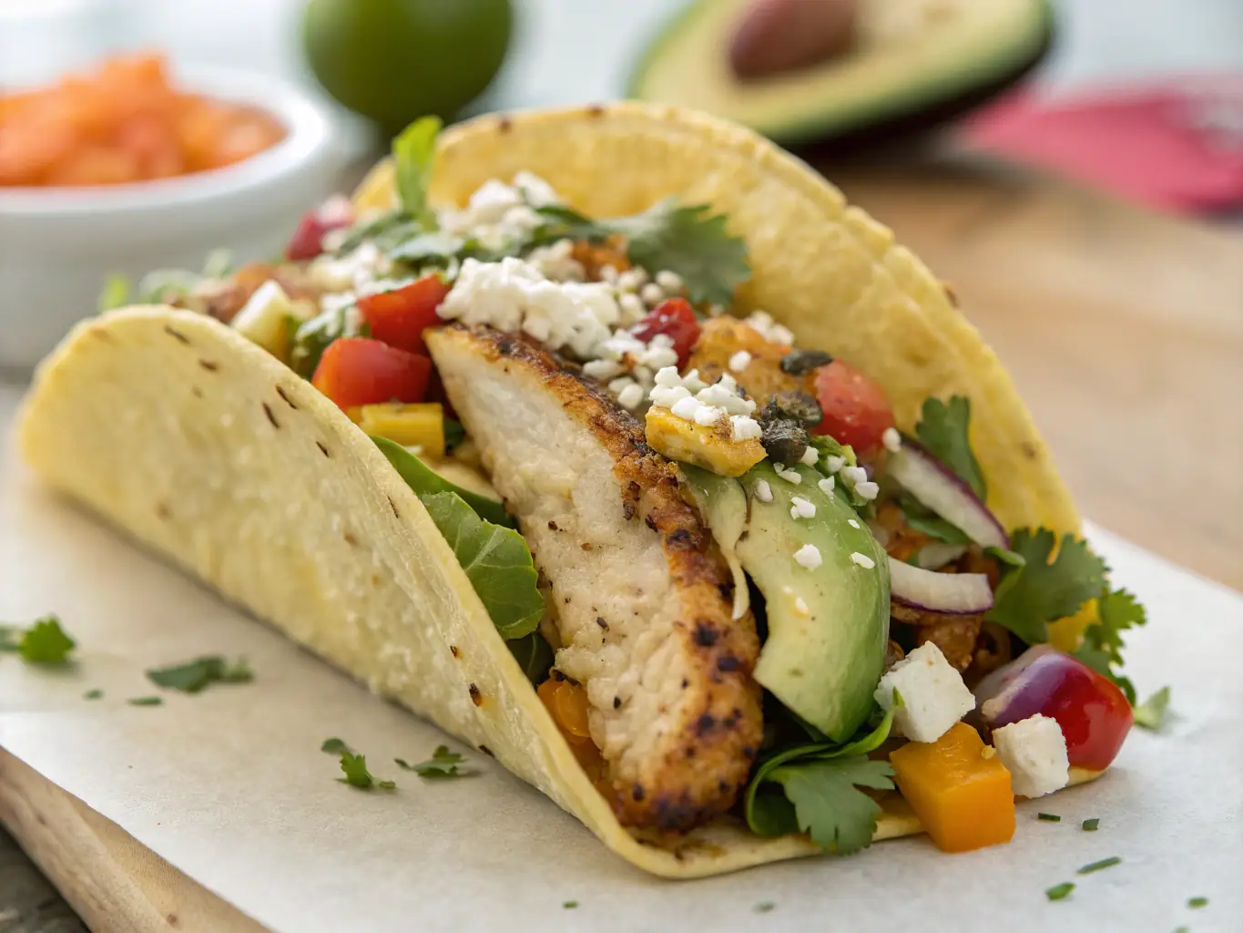 A top-down shot of chicken tacos, filled with shredded chicken, fresh cilantro, diced onions, and a squeeze of lime, arranged on a wooden cutting board with a side of salsa.
