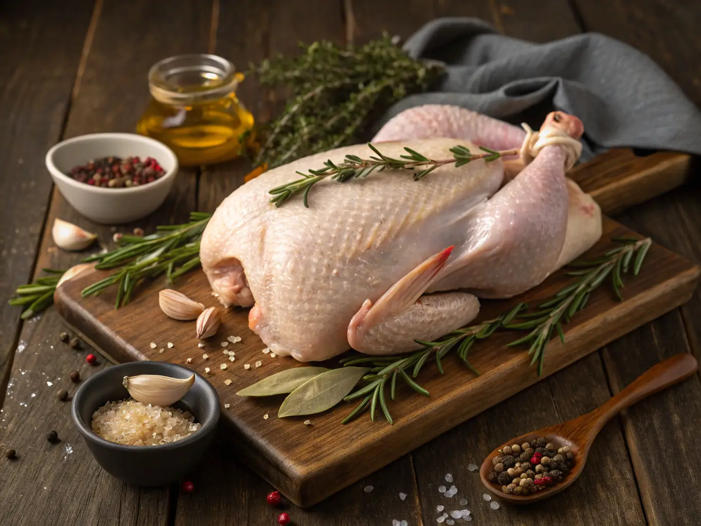 A close-up shot of a golden-brown roasted chicken, seasoned with herbs and spices, presented on a wooden cutting board with carving utensils, showcasing the classic appeal of roast chicken.