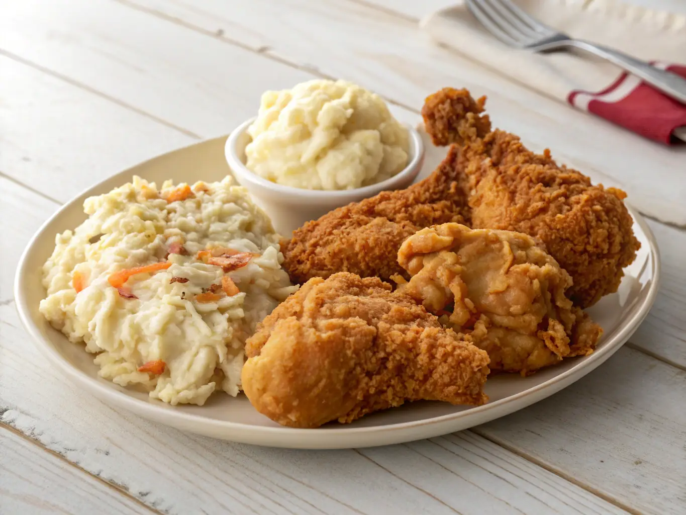 A close-up shot of crispy fried chicken pieces, showcasing their golden-brown crust and juicy interior, arranged on a plate with a side of creamy mashed potatoes and gravy.