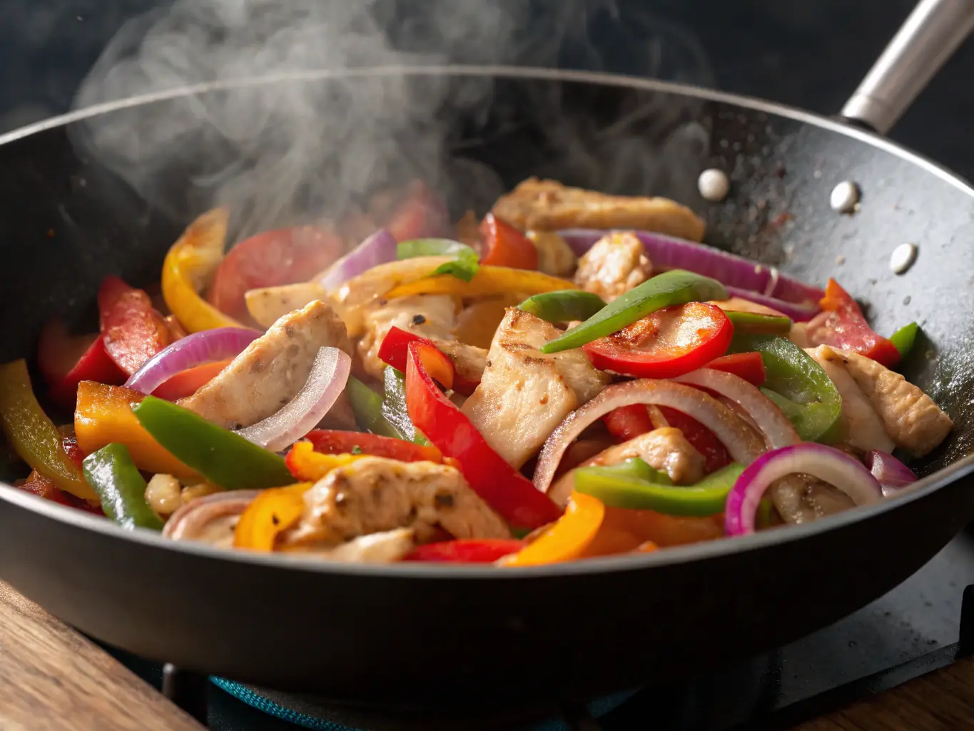 A vibrant and colorful image of a chicken stir-fry, featuring tender chicken pieces, mixed vegetables, and a glossy sauce, served in a traditional wok with chopsticks.