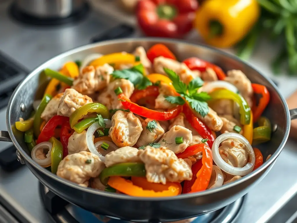 A vibrant and colorful image of a spicy chicken stir-fry, featuring tender chicken pieces, bell peppers, broccoli, and a glossy, flavorful sauce, served in a white bowl with chopsticks.